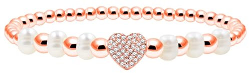 Vivaday Bracelet en perles naturelles, plaqué or rose, symbole de l'amour | Design charmant élastique | Bracelet délicat d'amitié avec perles zircon YA4767