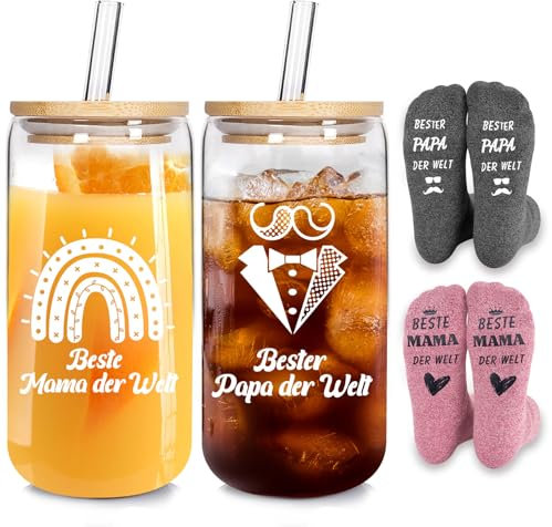 Geschenke für Eltern, 500ml Glas Trinkbecher mit Deckel und Strohhalm, Geschenkfür Mama & Papa Kaffeetasse mit Socke, Borosilikatglas Kaffee Teegläser Eiskaffee Gläser Personalisierte