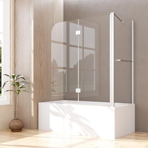Duschwand für Badewanne mit Seitenwand 70x120x140cm 2-teilig Faltbar Duschtrennwand, Glas Duschabtrennung Badewannenaufsatz aus 6mm ESG NANO Sicherheitsglas, Seitenwand mit Handtuchhalter