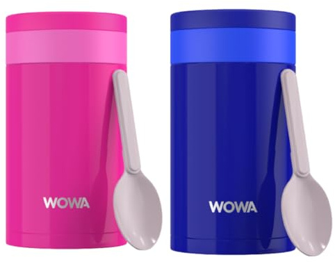 WOWA 2 Pack Kids Stainless Steel Flask for Hot & Cold Food with Spoon - Wide Mouth 100% Leakproof Food Flasks for Hot Food Kids - Easy Open Lid