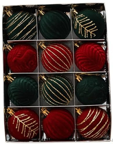 Set of 12 Flocked Baubles, Vintage Red and Gold Velvet Baubles, Burgundy Flocked Christmas Tree Decoration, Large Shatterproof Hanging Baubles for Christmas Wreaths