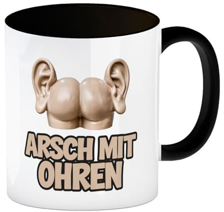 speecheese Arsch mit Ohren Kaffeebecher in schwarz Mit humorvoller Illustration von Gesäßbacken Ohren Skulptur Auf weißem Hintergrund für Spaß am Morgen