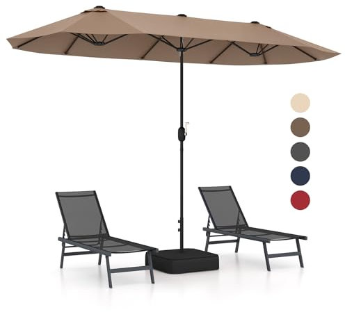 Sombrilla grande de doble cara de 4 m para patio con manivela, ventilación de aire y base de sombrilla, paraguas extra grande para exteriores para piscina, terraza, patio, jardín, color beige, canela
