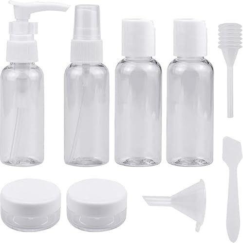Wandefol 9pcs Vide Bouteille de Voyage, 50ml Flacon Vide de Voyage, Transparent Toilette Flacon Voyage pour Cosmétiques Shampooing Gel Douche Crèmes avec Pipette et Entonnoir