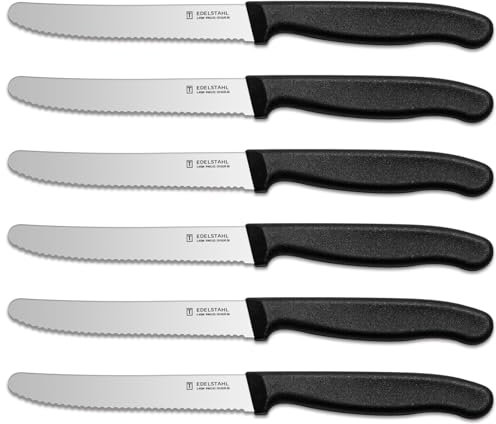 targzier Set coltelli da cucina,set di coltelli da cucina seghettati per pomodori da 6 pezzi,coltelli da tavola in acciaio inox,Set di coltelli da bistecca affilati,Lavabile in lavastoviglie,Nero