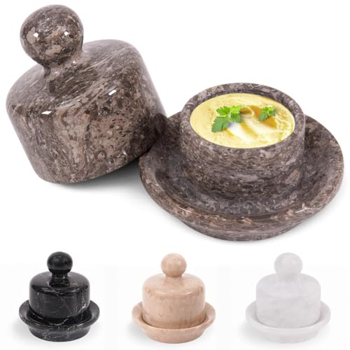 MARBLOUS KRAFTS Mini beurrier en marbre de 10,2 cm avec couvercle, beurrier en pierre océanique pour beurre tartinable, idéal pour le rangement sur le plan de travail, la décoration de cuisine
