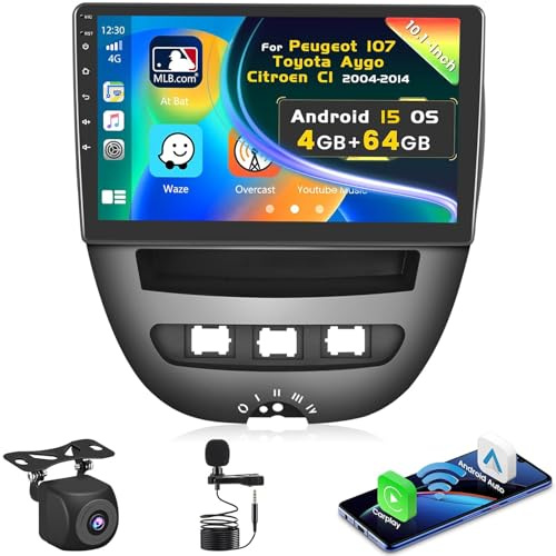 Inefala 4G+64G Autoradio Android 15 pour Peugeot 107 Aygo C1 2004-2014 | 10 Écran, Wireless CarPlay, Android Auto, BT, GPS, WiFi, RDS/FM, Caméra de Recul, Mic