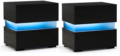 LIFEZEAL Lot de 2 Tables de Chevet Carrée avec Lumière LED et Tiroirs, Commode de Chevet avec Barre Lumineuse et Télécommande, Table d’Appoint Moderne pour Salon, Chambre, 45 x 35 x 45 CM, Noir