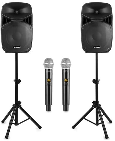 Vonyx VPS102A - Pack de Altavoces Karaoke 600W, 2 Micrófonos Inalámbricos, Bluetooth, USB, SD, LED, 2 Trípodes, Mando a Distancia, Sonido Profesional, Fácil Instalación, Ideal para Fiestas