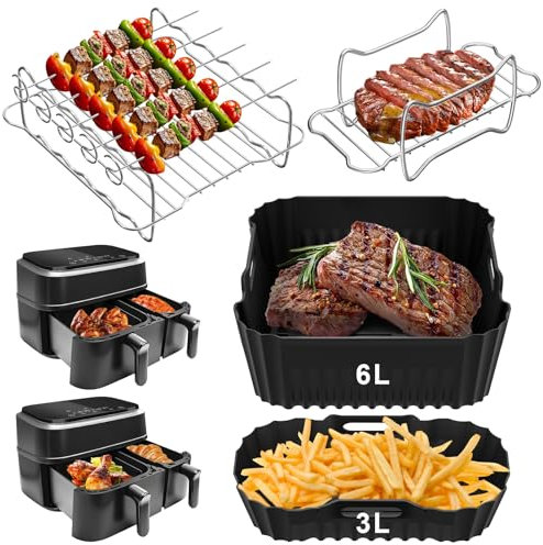 Accessori per friggitrice ad aria per Si applica Philips Airfryer doppio cestello serie 3000 NA350,2 Airfryer stampo in silicone 6L/3L,2 supporti per friggitrice ad aria con 5 spiedini