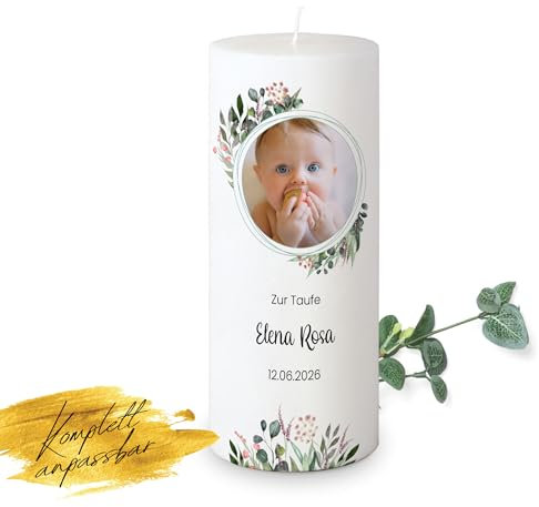 MOMENTU® Taufkerze personalisiert mit Babyfoto Blätterprint Ø8 x 20 - [Docht] Taufgeschenk für Jungen und Mädchen, grün, modern, selber machen, selber gestalten, nachhaltige Rohstoffe