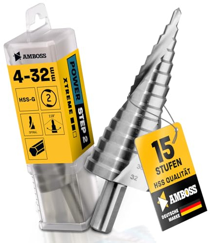 Foret étagé Ø 4-32 mm / 15 échelons Foret conique / Tige de 10 mm/Foret métal professionnel Cône Foret conique HSS/Amboss PowerStep 2 / Foret à trous adapté pour acier, aluminium, plastique, plexiglas