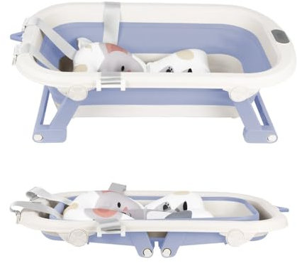 OHMG Babybadewanne mit Badewannenkissen, Babybadewanne, faltbar, mit Digital-Thermometer, ergonomische und platzsparende Babywanne, geeignet für Babys von 0 bis 36 Monaten