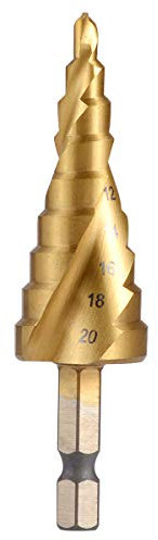 HOHXEN Spiral Grooved Step Drill Bit[4mm-20mm, 9 Steps], High Speed Steel 4241 Titanium Coated, 1/4'' Hex Shank, HSS Cone Drill Bits Cut Tool Set for DIY Plastic Wood Metal Aluminum Copper PVC Board