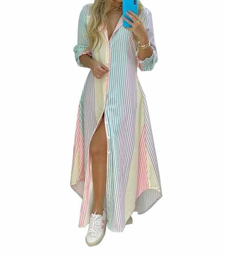 Fronage Cotton Linen Shirt Dresses for Women UK Striped Button Down Long Sleeve Turn Down Collar Maxi Dresses Multicoloured