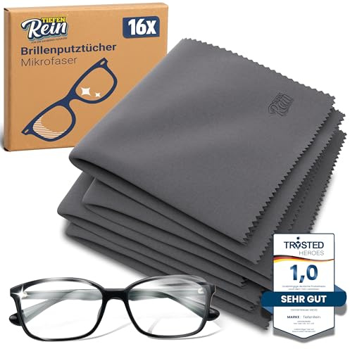TiefenRein Brillenputztücher Mikrofaser 16x Grau - 20x20cm Extra Weich – Bildschirm Reinigungstücher, Brillenputztuch Groß, Microfaser Brillenputztuch für Klare Sicht und Sanfte Pflege der Brille