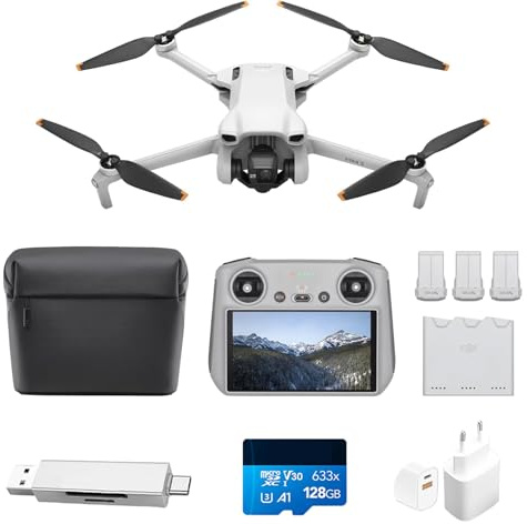 DJI Mini 3 Fly More Combo (DJI RC) – Leichte und faltbare mini-Kameradrohne mit 4K HDR-Video, 3 Batterien für 114 Minuten Flugzeit (Kartenleser + Speicherkarte + Ladestecker)