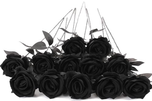 Cloudecor 12Pcs Black Roses Artificial Flowers Fake Roses Faux Velvet Silk Flower for Home Wedding Decoration (Pearl Rose - Pure Black)