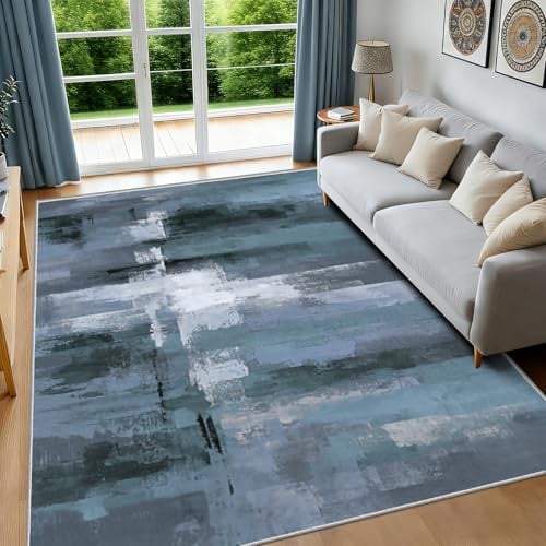 FTCJWL Waschbarer Teppich Wohnzimmer Abstrakt Blau Grau 160x230cm | Moderner Kurzflor Teppich mit rutschhemmender Rückseite, einfache Reinigung und stilvolle Ergänzung für moderne Wohnräume