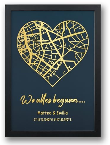 The Magical touch Personalisiertes Wo alles begann Poster mit Koordinaten & Wunschtext – Bild mit Rahmen in A4 – Golddruck - Geschenk für Paare, Einzug, Jahrestag, Hochzeitstag, Valentinstag