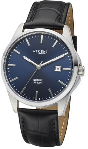 REGENT F-1679 Herrenuhr Edelstahl Silberfarben, Blaues Sunray Zifferblatt, Lederband Schwarz Kroko Look, Quarzwerk, Datum, 39 mm, 10 ATM
