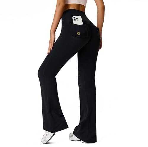 BOMKDRL Flared Leggings Damen Yogahose mit Taschen | Nahtlose Front, High Waist, blickdichter, 4-Wege-Stretch, für Yoga, Gym & Alltag