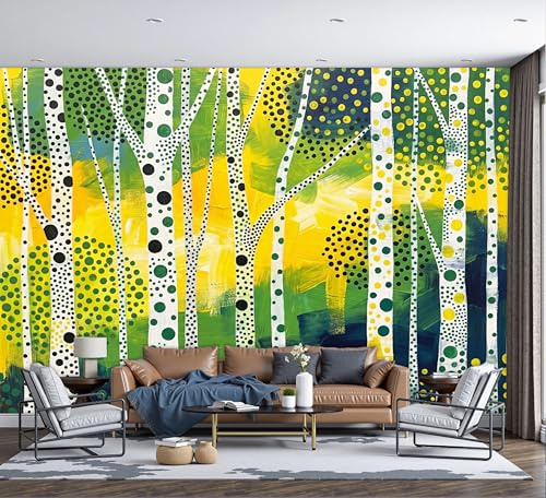 3D Effekt Wandtapete Birkenstamm 200x140cm - Seide Fototapete Moderne Abstraktion Wandbilder Moderne Motivtapeten Wand Dekoration für Wohnzimmer Schlafzimmer, Grasgrün