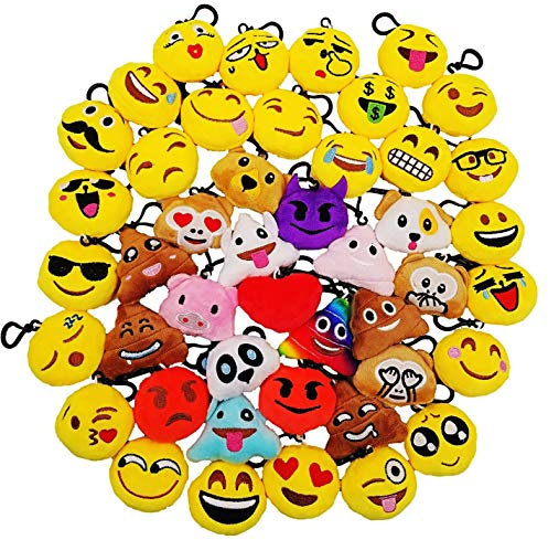 JZK 45 x Mini Plüsch Emoticon Schlüsselanhänger 5cm, gelb kleiner Smiley-Rucksack-Schlüsselanhänger für Kinder Erwachsene Geburtstagsparty-Gastgeschenke Andenken Werbegeschenke Partytütenfüller
