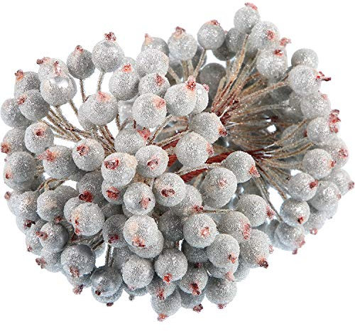 Künstliche Stechpalmenbeeren, Drahtstiele, künstliche Blumen, Dekoration, 12 mm, Mini-Weihnachtsfruchtbeeren, silberfarben, 100 Stück