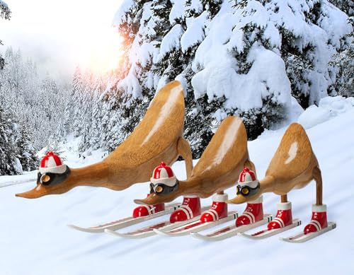 Rikmani - Holzfigur Ente Skifahrer Österreich Rot - Handgefertigte Dekoration aus Holz Geschenk Figur 31 cm