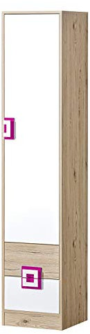 Schrank NICO 05, Kleiderschrank, Drehtürenschrank, Schrank mit 2 Schubfächern und 4 Einlegeboden, Regal mit Türen (Hell Eiche/Weiß/Rosa)