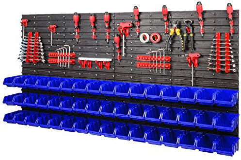 Lagersystem Wandregal - 1544 x 780 mm – 48 Blau Stapelboxen mit Wandplatten + Werkzeughalter – Werkstattwand Set XXL 84 Elemente