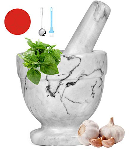 Mortar and Pestle Marble Set for Spices Pestos Seasonings Pastes Guacamole Bowl Herb Grinder Easy to Clean Included:Silicone Mat,Brush,Stainless Steel Spoon 11cm(4.33) (Small,White Gray)