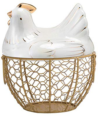 Eierhalter, Hühnerform, Keramik, Metall, Drahtgeflecht, Eierkorb, dekorativer Küchenaufbewahrungskörbe, Halter für Küche, Aufbewahrung, Dekoration, Obst, Snacks, Organizer, Rack Gold & Weiß