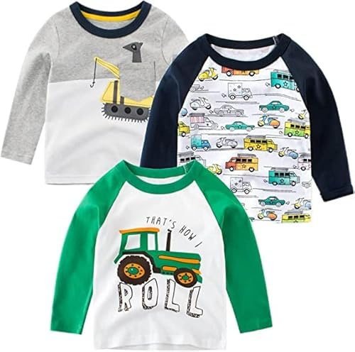 SUPFANS Toddler Boys 3 Pack Long Sleeve Shirts 100% Cotton Dinosaur Excavator Police Car T-Shirts