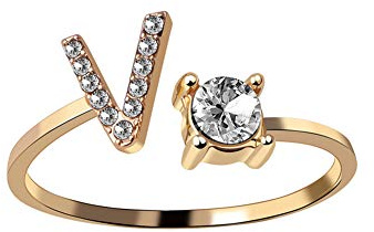 HIJONES Damen Anfangsbuchstabe Open Ring mit Zirkonia Stapelbaren Alphabet Verstellbaren Ringen