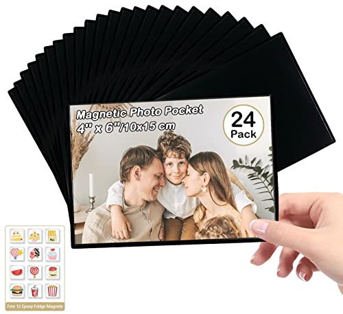 Mingting Magnetische Bilderrahmen, für 10 x 15 cm Bilder, Wiederverwendbare Schwarze Magnet-Kühlschrank-Fotohüllen für Kühlschrank, Spind, Büroschrank, Mit Herausnehmbaren 12 Kühlschrankmagneten