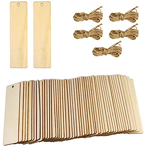 50 Stück Lesezeichen, Holz Blanko Lesezeichen, DIY Holz Lesezeichen, 12 x 3.2 cm Rechteck Leeres Lesezeichen mit Löchern und Seilen für Bücher, Weihnachten Geburtstag DIY Handwerk, Frauen und Mädchen
