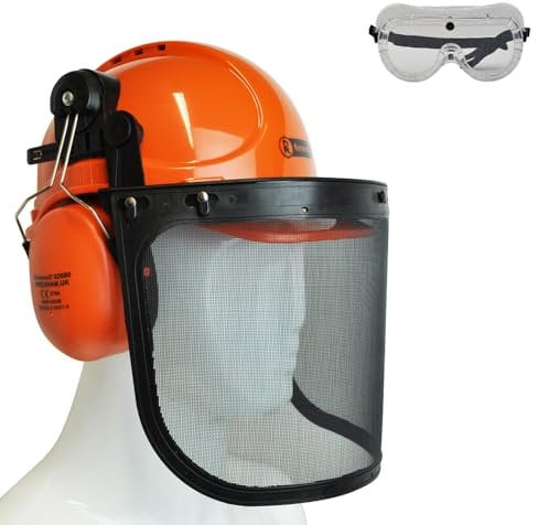 RocwooD Chainsaw Helmet Forestry Safety Hat Ear Defenders Metal Visor Protective Gear Arborist Mask Mesh PPE Orange Wood Shield Garden Chain Hard Hat Replacement Free Goggles