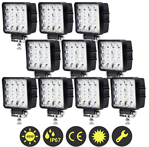 Einfeben - Luces de trabajo LED rectángulo IP67, impermeable, 12 V, 24 V, faros LED para camiones, Offroad, SUV, ATV, tractor luces de marcha atrás (48 W, 10 piezas)