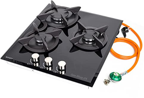 3 flammiges Gaskochfeld Gaskocher mit Glasoberfläche - Gusstopfträger + Zündsicherung und Zündung (Campingkocher Haushaltskocher Gas Kocher Kochmulde)