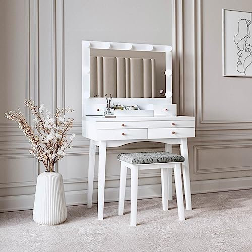 CARME Taylor Dressing Table with Stool Set - Makeup & Vanity Desk with Hollywood Mirror, LED Lights, Drawers, Built-in Organisers, Glass Tabletop, Touch Sensor Lights & Adjustable Brightness - White