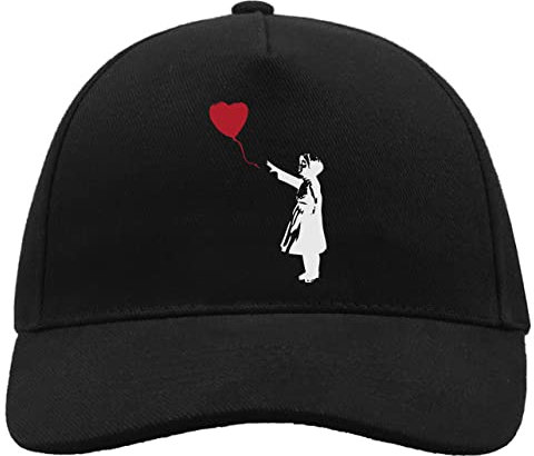 Banksy Street Art Girl and a red Heart Balloon Bequeme Unisex-Baseball-Truckerkappe aus gebürsteter Baumwolle mit Schnalle Schwarz