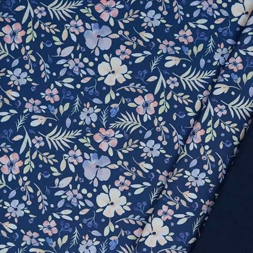 Softshell, Blumenmuster auf Blau - Digitaldruck als Meterware zum Nähen, 50 cm