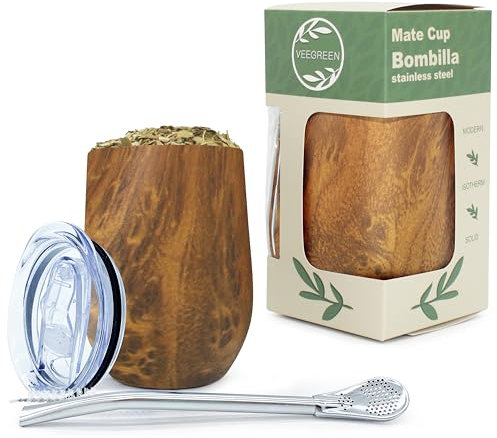 Set Tasse Yerba Maté | Argentinien | Kalebasse + Bombilla Strohhalm + Deckel | ideale Trinkflasche zum Trinken am heißen Maté | (Holzeffekt)