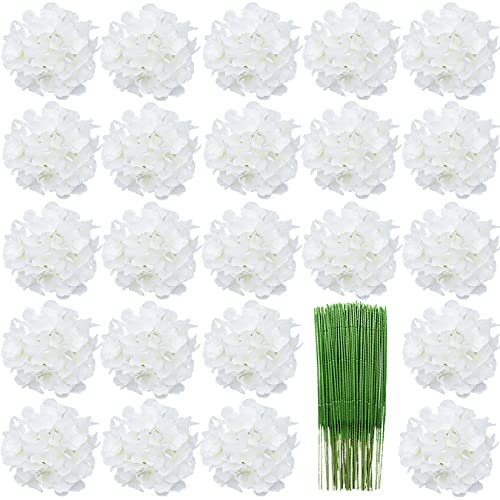 HinyoCo 28 Pcs Silk Hydrangea Flowers Artificial Flowers 7 inch Hydrangea Head with stem, Used for Home Wedding Party Decoration (White)