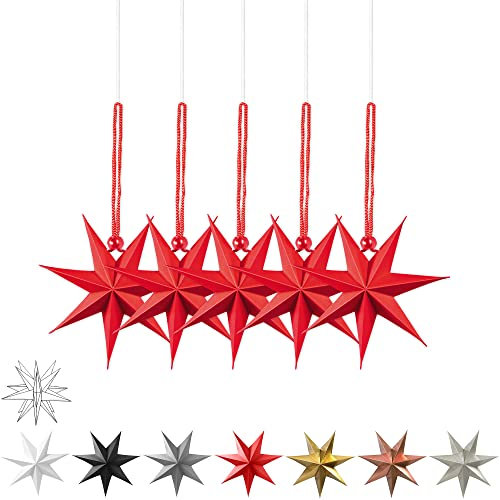 Frau WunderVoll® liebevolle Faltsterne matt rot 5 Stück Durchmesser 15 cm 7 Zacken geschlossene Oberfläche Feste Pappe, Weihnachten, Advent, Fenster Dekoration, Weihnachtsbaum