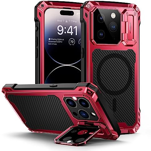 Lanhiem for iPhone 14 Pro Case, [Tempered Glass Screen Protector][Camera Kickstand] Heavy Duty Shockproof Cover for 14 Pro Metal Tough Case, Full Protective Case for iPhone 14 Pro (Red)