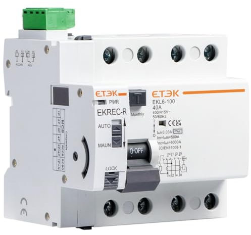Differenziale Auto Riarmabile Trifase 4P (3P+N) 40A 30mA 6Ka. Interruttore differenziale riarmo automatico classe AC. Interruttore con riconnessione automatica tipo AC. Corsia Din