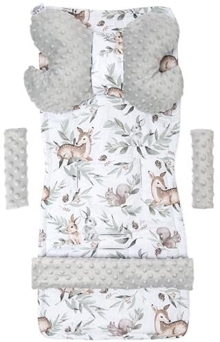 Medi Partners Sitzauflage Kinderwagen Buggy Baby Sommer Kindersitz Einlage Universal - 5tgl Gurtpolster + Spielbogen Kinderwagenset Babyschale (Hirsch in Blättern mit Grau Minky)